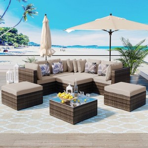 Suki 8-piece All-Weather Rattan Patio Conversation Set with Coffee Table, Sectional Sofa with Cushions and Pillows, Outdoor Furniture - Maison Boucle - 1 of 4