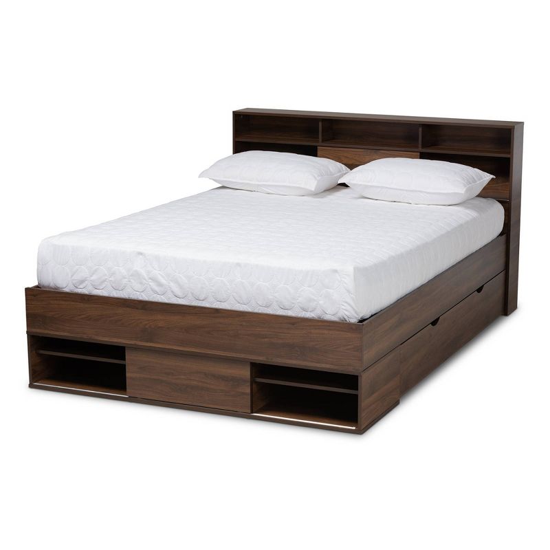 Queen 1 Drawer Tristan Wood Platform Storage Bed with Shelves Dark Brown - Baxton Studio, 1 of 15