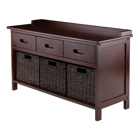 Adriana Entryway Storage Bench With Woven Baskets Walnut Winsome