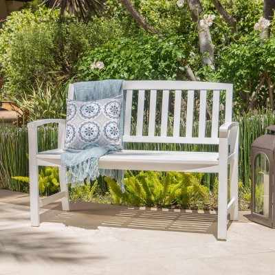 White Acacia Wood Outdoor Patio Bench with Slatted Back