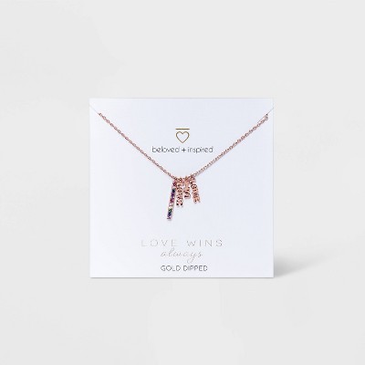 Beloved + Inspired Rose Gold Rainbow with Cubic Zirconia Bar 'Love is Love" Charm Chain Necklace