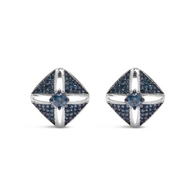 Haus of Brilliance Silver 1.0 Cttw Blue Diamond Studded Rhombus Stud Earring