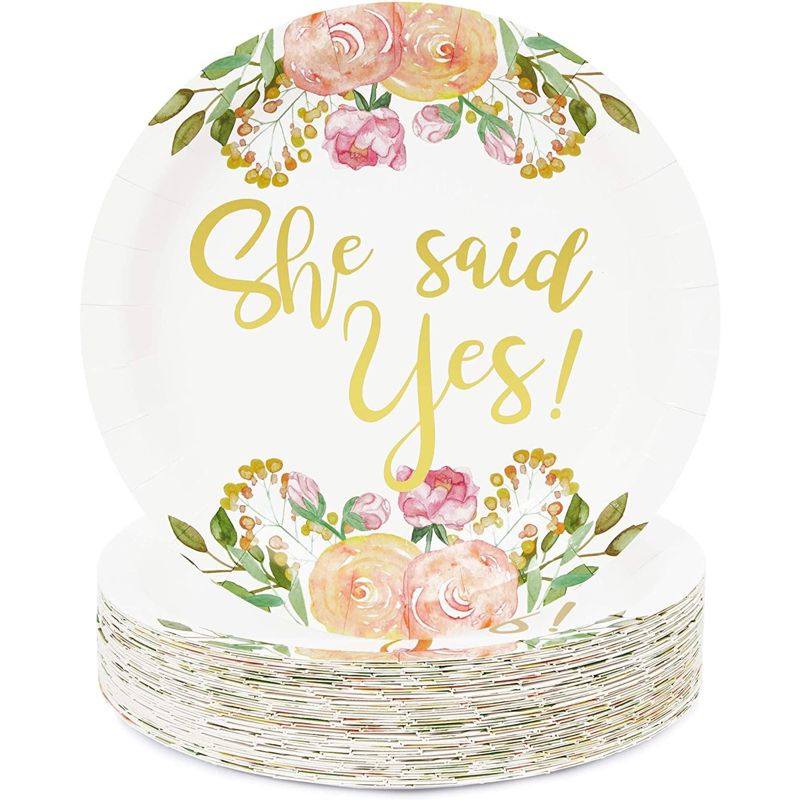 Sparkle and Bash 48-Pack Gold Foil She Said Yes Plates for Engagement Party, Bridal Shower Decorations, Bachelorette Supplies, Floral Design, 9 In, 1 of 8