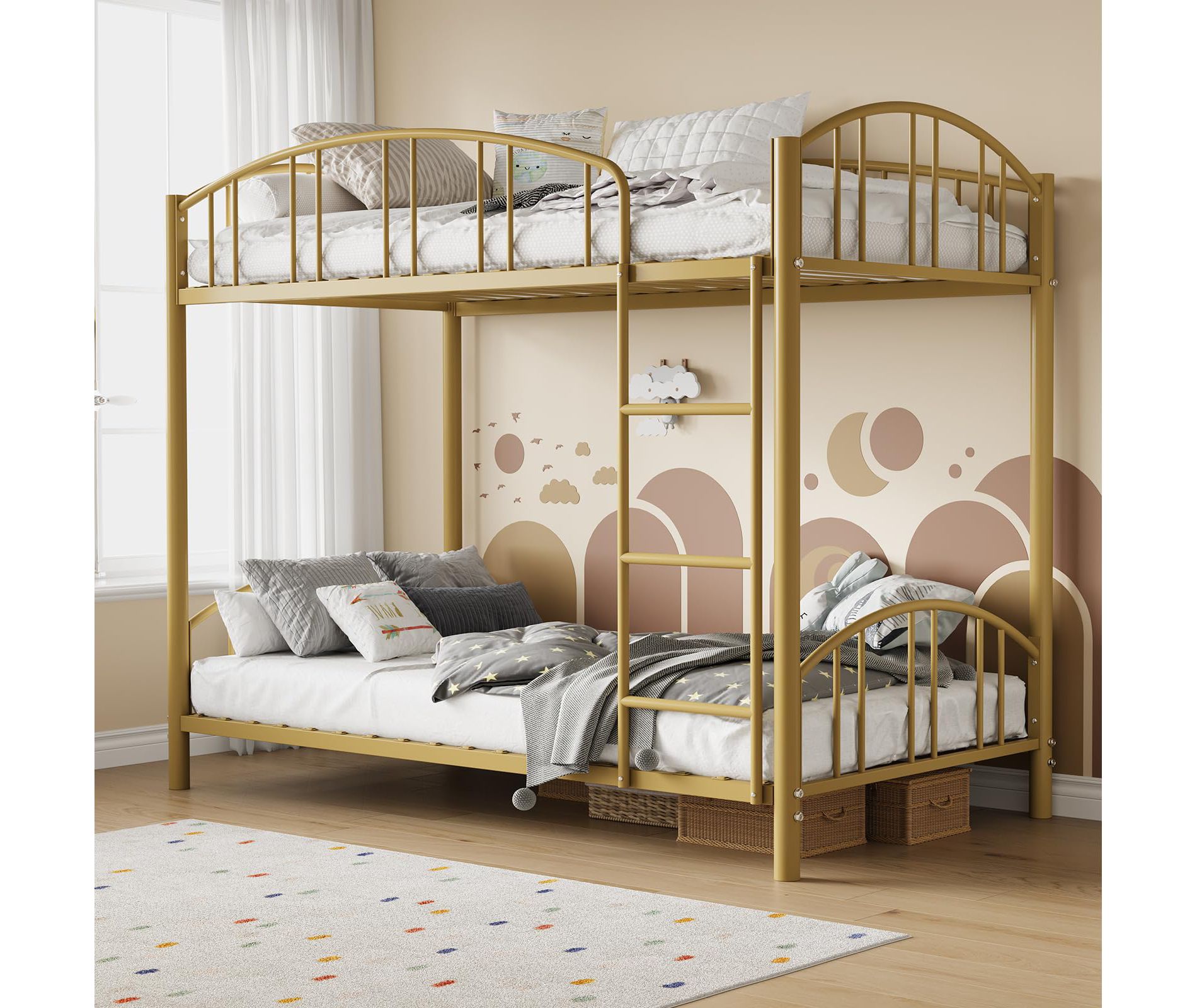 Metal Bunk Bed Twin Over Twin, Heavy Duty Bunkbeds Frame with Arched Guardrail and Safety Ladder, Sturdy Steel Bed, No Box Spring Needed, Gold