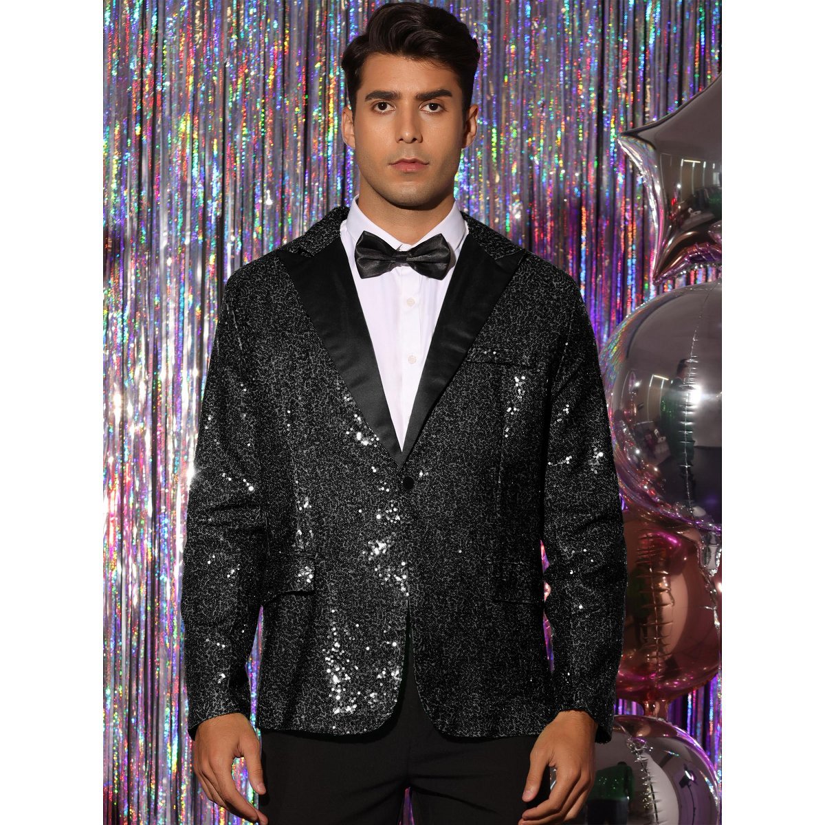 Мужские пиджаки INSPIRE CHIC Men's Peak Lapel Color Block Shiny Sparkle Sequin Blazer White Large — фото 2