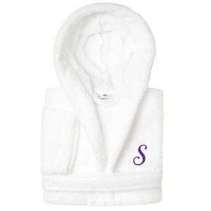 Personalized Linum Kids 100% Polyester SUPER PLUSH Double Brushed Hooded Bathrobe in Purple Script Font - 1 of 3