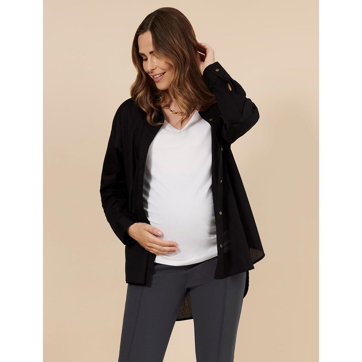 Women's Long Sleeve Button-Up Poplin Shirt | Motherhood Maternity - thumbnail 5