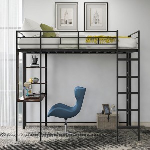 Sapphtopaz Full Size Loft Bed with Desk & 2 Shelves, Metal Bed Frame with Ladder & Safety Guardrail, Space-Saving Bunk Bed for Adults & Teen - 1 of 4