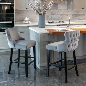VYNXARIA Contemporary Velvet Upholstered Wing-Back Barstools with Button Tufted Decoration and Wooden Legs,Set of 2 (Gray) - 1 of 4