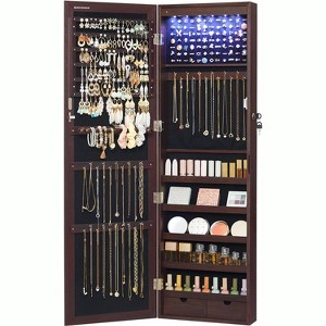 6 LEDs Mirror Jewelry Cabinet, Tall Lockable Wall or Door Mounted Jewelry Armoire Organizer - 1 of 4
