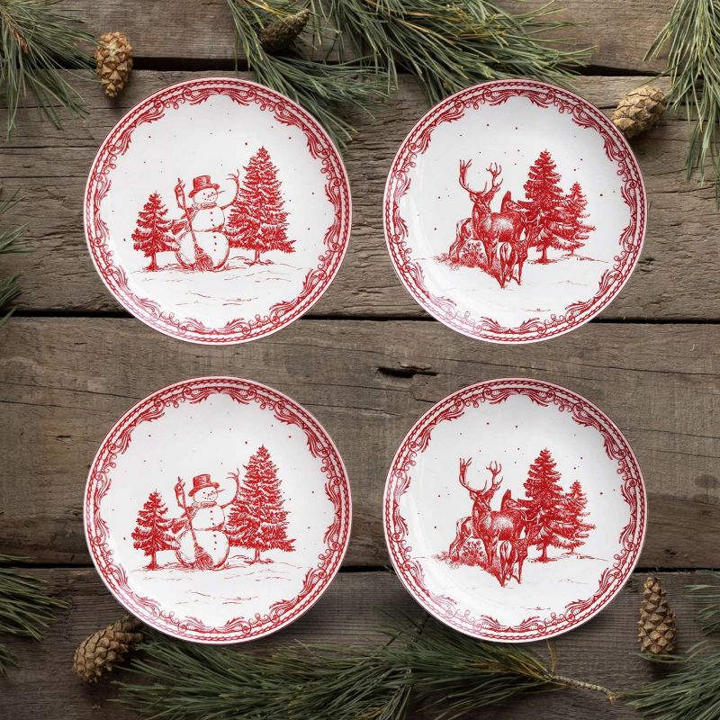 American Atelier Christmas Salad Plate, Set of 4, Dessert and Appetizer Plates, Vintage Style Dinnerware, Red Holiday Dishes, Dishwasher Safe,8 Inch, 4 of 6