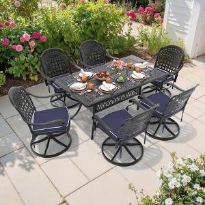 7-Piece Rectangle Cast Aluminum Outdoor Patio Dining Set with Swivel Chairs & Blue Cushions & Umbrella Hole - 1 of 4