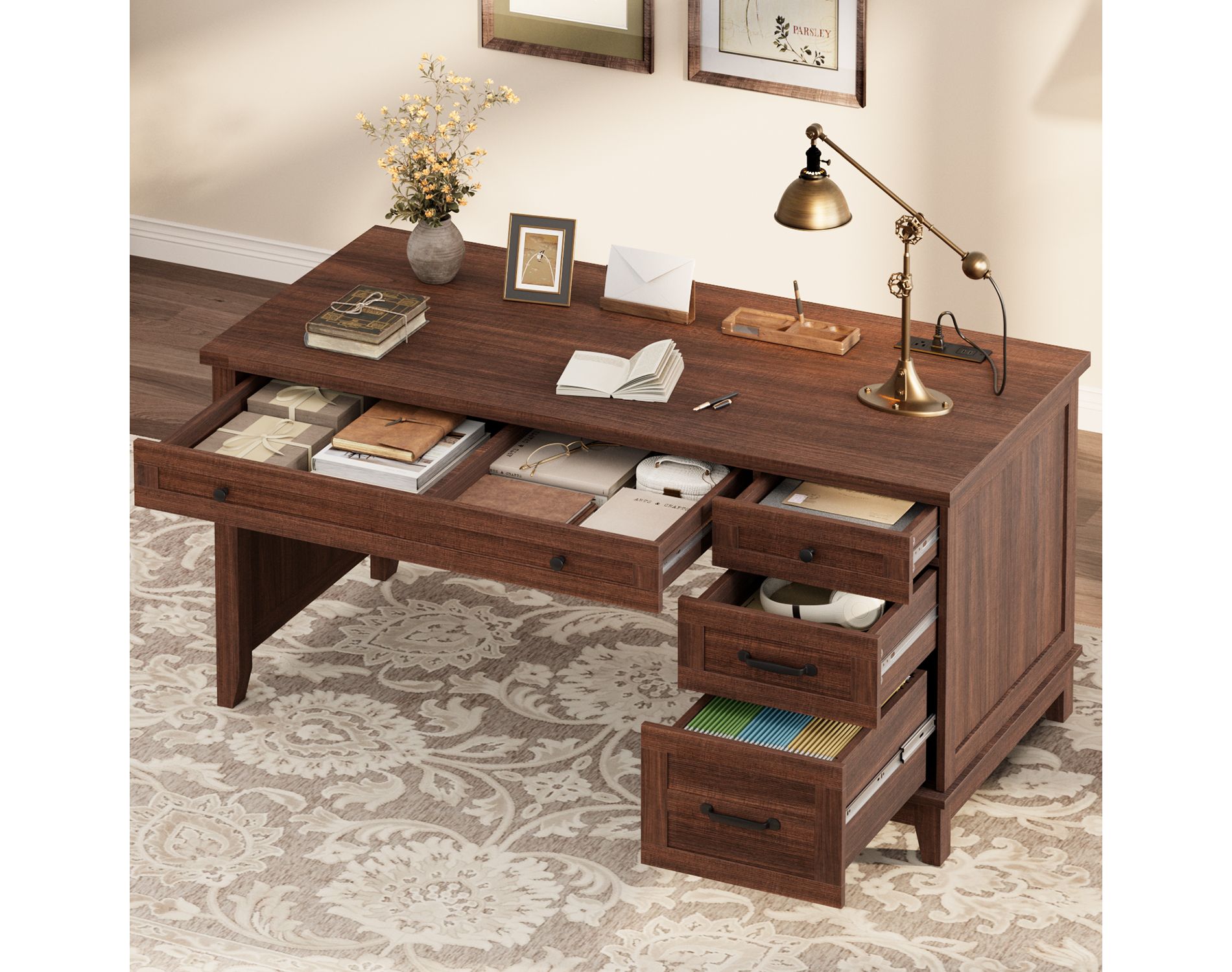 Garvee Executive Desk with Drawers, Farmhouse Home Office Desk with Charging Station, 53.54" Wooden Computer Writing Desk with File Cabinet Storage