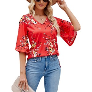 MISSKY Women's 3/4 Sleeve Tunic Tops Casual V Neck Dress Shirts Floral Printed Loose Fit Pleated Blouses - 1 of 4