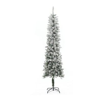 LuxenHome 7.4Ft Pencil Artificial Flocked Christmas Tree, Unlit Skinny Christmas Tree with X-Shape Metal Stand Green