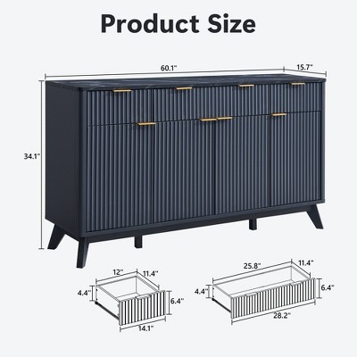 Sincido 60" Buffet Sideboard Cabinet, Fluted Coffee Bar Table with 3 Drawers & 4 Doors, Modern Sideboard for Dining Room, Living Room, Dark Grey — фото 2
