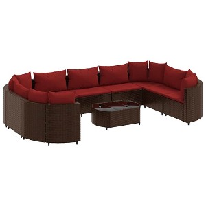 vidaXL Patio Sofa Set with Cushions Garden Furniture 10 Piece Poly Rattan - Brown and Red - 1 of 4
