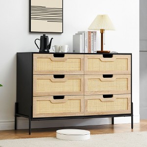 Rattan 6 Drawer Dresser, 47'' Chest of Drawers, Modern Wooden Dresser with Metal Legs, Large Wide Drawer Dresser for Bedroom, Living Room, Entryway - 1 of 4