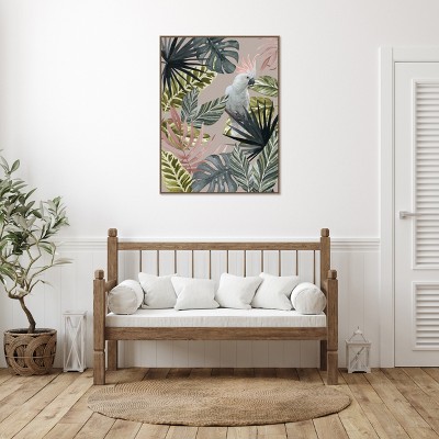 Tropical Cockatoo with Leaves Beaded Bronze Framed Canvas Wall Art 32 x 42