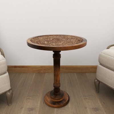 Majestic Floral Carved Dark Brown Mango Wood Round Accent Table