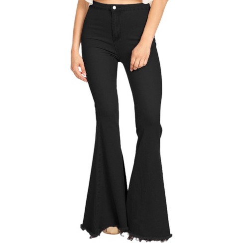 Anna-Kaci Classic Retro High Waist Long Denim Frayed Hem Bell Bottom Jeans  - Small ,Black