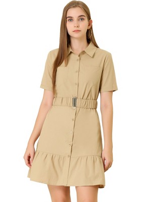 Allegra K Women's Belted Ruffled Hem Button-Down Cotton Safari Shirt Dress