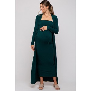 PinkBlush Forest Green Ribbed Sleeveless Dress Cardigan Maternity Set - 1 of 4