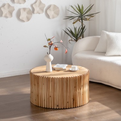31.5" Retro Fashion Style Cylindrical Coffee Table with Vertical Texture Relief Design,Suitable for Living Room,Office,and Dining Room