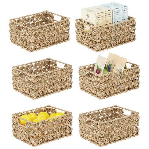 mDesign Seagrass Woven Cube Bin Basket Organizer, Handles, 6 Pack -  Natural/Tan