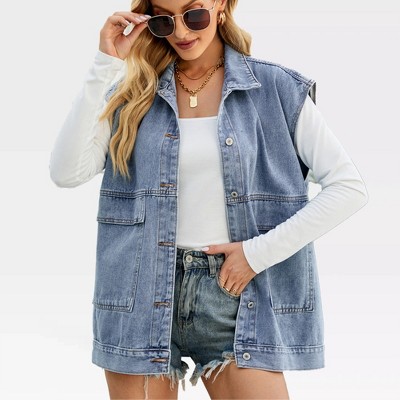 Women's Oversized Denim Vest Sleeveless Denim Jackets Nashville Outfits Oversized Cowgirl Jacket Jean Vest with Side Pocket