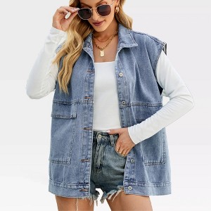 Women's Oversized Denim Vest Sleeveless Denim Jackets Nashville Outfits Oversized Cowgirl Jacket Jean Vest with Side Pocket - 1 of 4