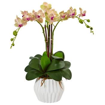 Nearly Natural 22-in Phalaenopsis Orchid Silk Arrangement in White Vase