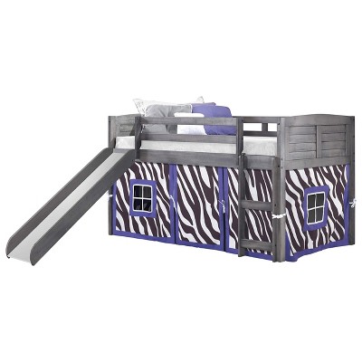 Donco Kids Louver Twin Antique Grey Low Loft Bed With Slide & Zebra Print Tent