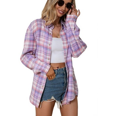 Whizmax Womens Spring Fashion 2023 Plaid Flannel Jacket Casual Long Sleeve Button Collared Neck Oversized Shirts purple white 2XL