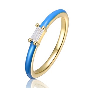 Guili 14K Gold Plated Slim Ring with Magenta-Blue Enamel & Cubic Zirconia Baguette – A Vibrant Piece for Kids & Teens, Blue or Red, Sizes 4-6. - 1 of 2