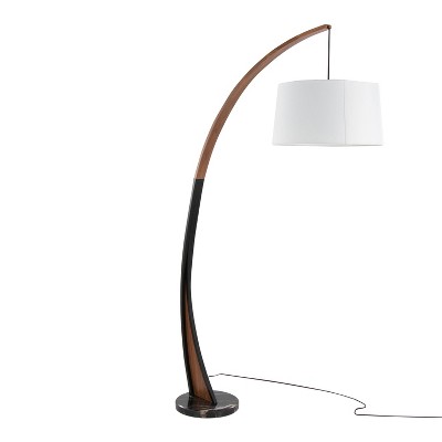 LumiSource Noah Salon Mid-Century Modern Floor Lamp in Black Marble Base with Walnut Wood Frame and White Linen Shade