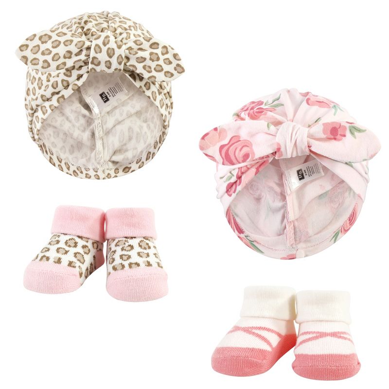 Hudson Baby Infant Girl Turban and Socks Set, Blush Rose Leopard, One Size, 1 of 5