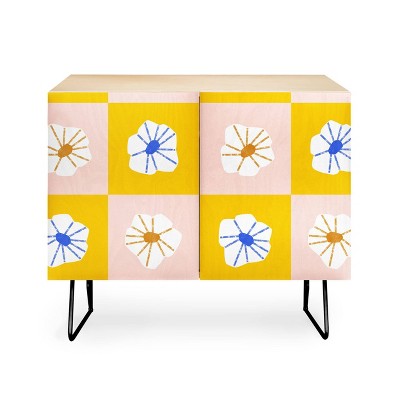 Maritza Lisa White Checkered Flowers Credenza - Deny Designs