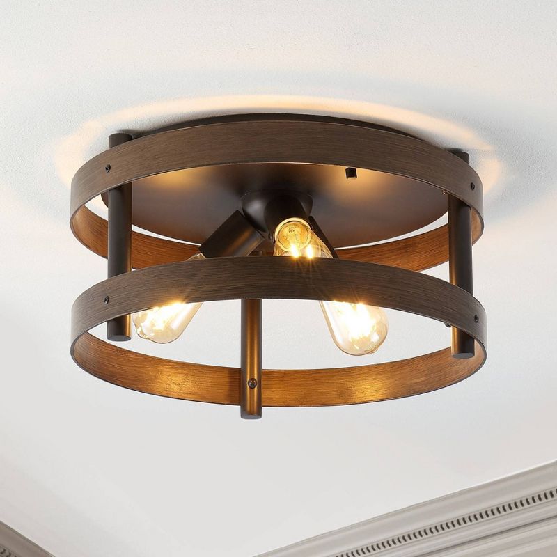 16&#34; 3-Light Cooper Farmhouse Industrial Iron LED Flush Mount Brown Wood Finished/Oil Rubbed Bronze - JONATHAN Y, 3 of 10