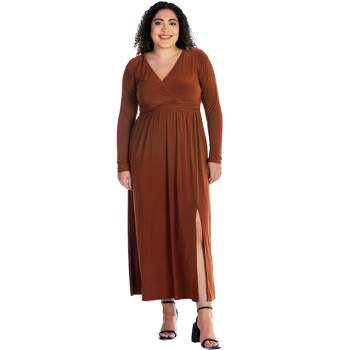 Womens Plus Size Long Sleeve V Neck Side Slit Maxi Dress