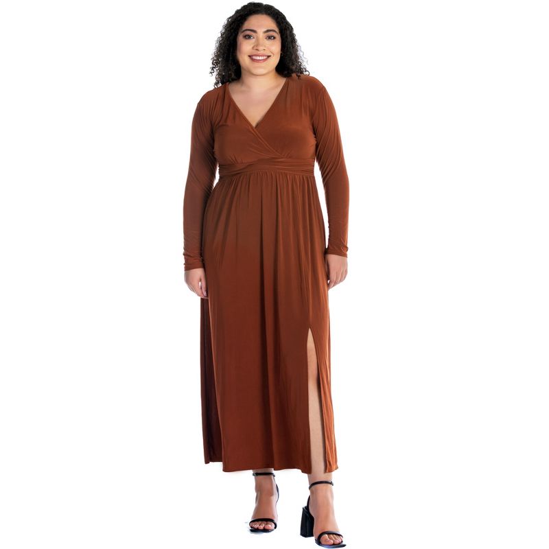 24seven Comfort Apparel Long Sleeve V Neck Side Slit Plus Size Maxi Dress, 1 of 6