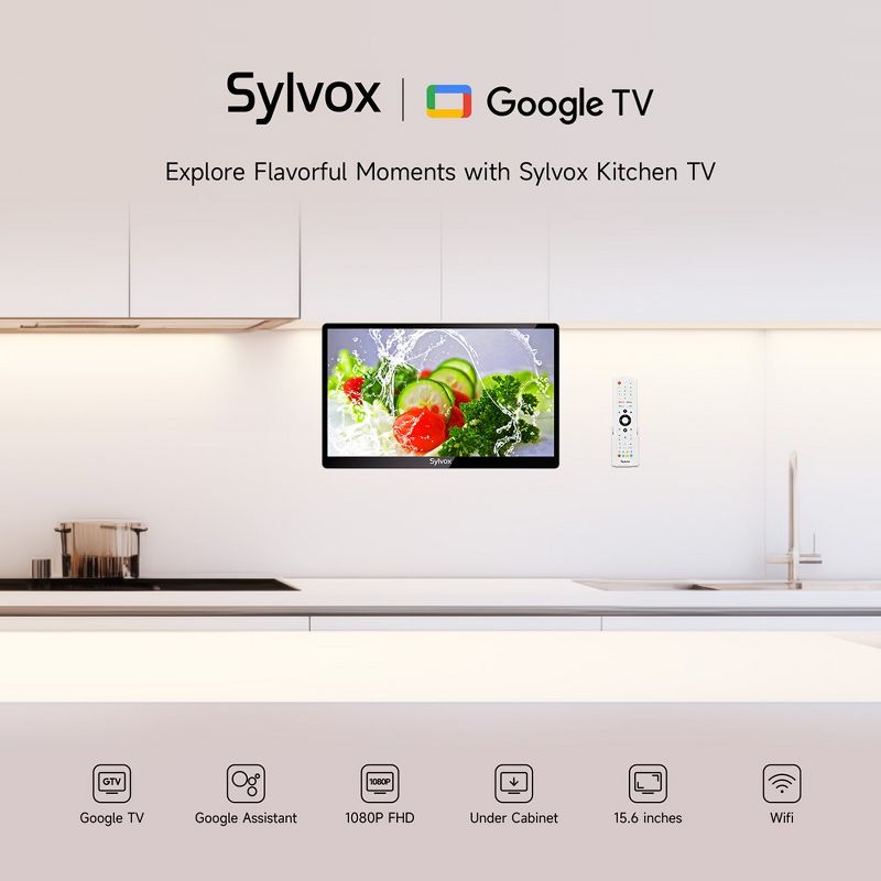 SYLVOX 15.6" Smart Kitchen TV, 1080P FHD Flip-Down Under Cabinet TV, Newest Google TV with App Store, Google Assistant, 12-Volt Smart TV for Kitchen, 5 of 11