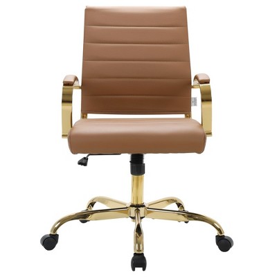 Mid-Century Swivel Office Chair in Brown Faux Leather and Gold Metal