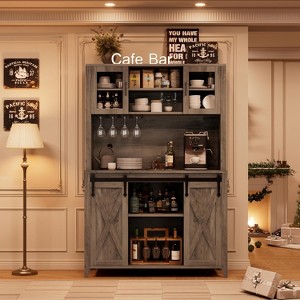 70'' Tall Farmhouse Coffee Bar Cabinet with Sliding Barn Door, Tall Sideboard Buffet with Glass Holder, Wine Bar Cabinet for Dining Room, Home Bar - 1 of 4