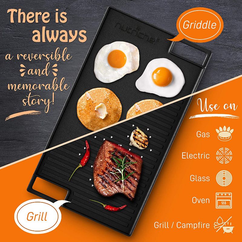 NutriChef 18 Inch Cast Iron Griddle Skillet Reversible Grilling Plate Pan For Stove Top with Heat Resistant Oven Grab Mitt, Black, 6 of 7
