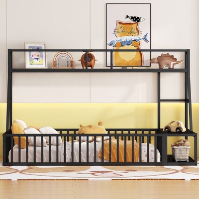NicBex Twin/Full Size Kids Montessori Bed with Safety Fence,Floor Bed with Desk and Storage Shelves,Toddler bed for Bedroom,Off-White/Black
