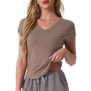 cheibear Women's Viscose Smile-shaped Hem V-Neck Pajamas Top with Chest Pocket - 1 of 4