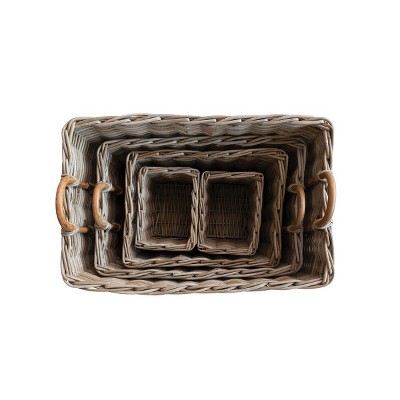 Storied Home Hand-Woven Rattan Trunks Storage with Handles and 3 Nested Baskets, Natural, Set of 5