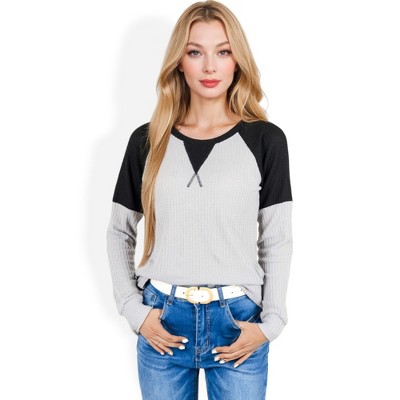 Anna-Kaci Women's Waffle Knit Top with Raglan Color Block Sleeves and Crew Neck