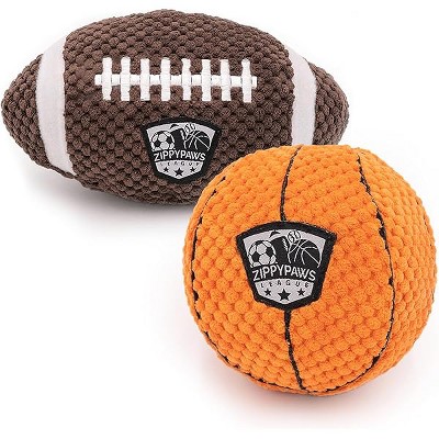 ZippyPaws SportsBallz - Dog Squeaky Toys to Keep Them Busy, Funny Plush for Dogs, Cute Stuffed Puppy Toy - Football & Basketball